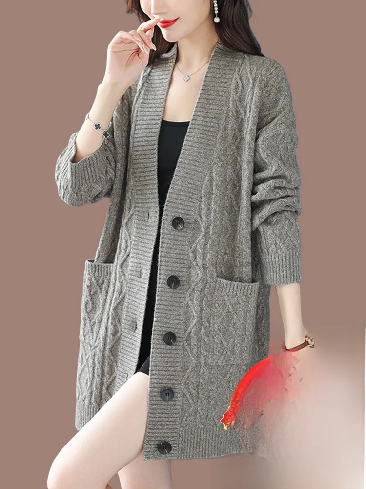 Cardigan tricoté mi-long pour femme, manteau ample, paresseux, grande taille, vêtements d'extérieur en laine, v-ne Long, automne hiver