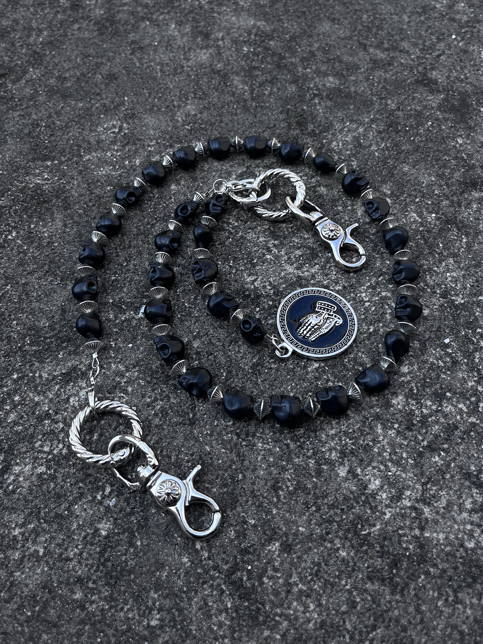 オリジナル二重層スカルヘッドターコイズビーズパンツチェーンアクセサリーy2kレトロウエストチェーンジーンズ用ヒップホップスタイルメタルベルトバックル