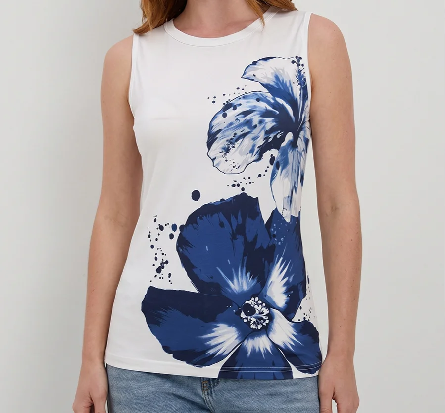 

Women's Tank Top Summer New Elegant Fashion Casual Style Color Blocked Flower Printed Round Neck Slim Sleeveless Tank Top