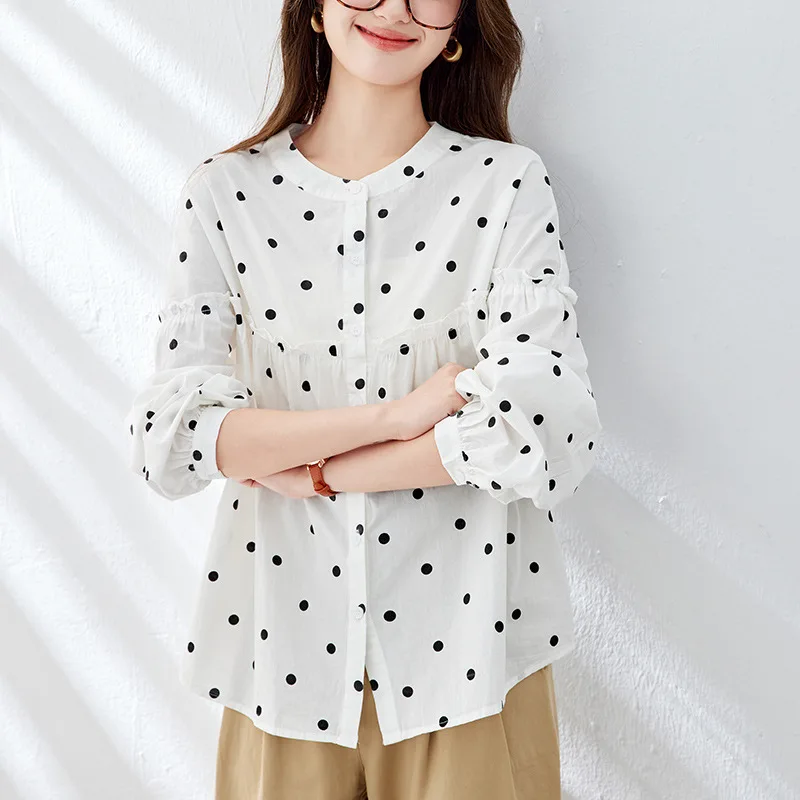 

Женская свободная футболка с длинным рукавом и круглым вырезом из чистого хлопка, летний повседневный топ с деревянными пуговицами и рукавами-фонариками, для работы и отдыха