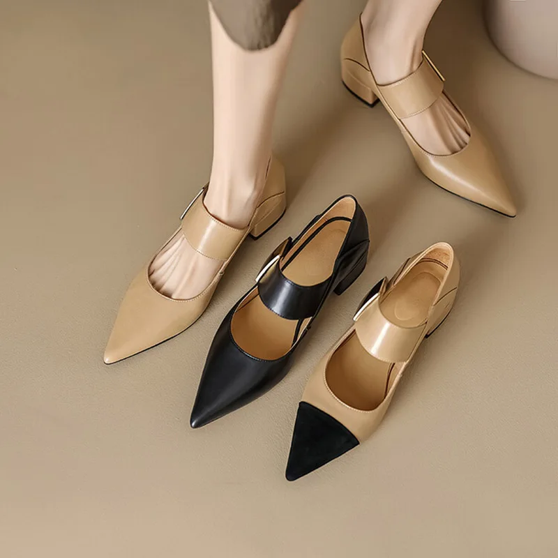 

Phoentin retro genuine leather pointed toe mary janes shoes 2024 women low heels elegant lady party Pumps wholesale FT3242