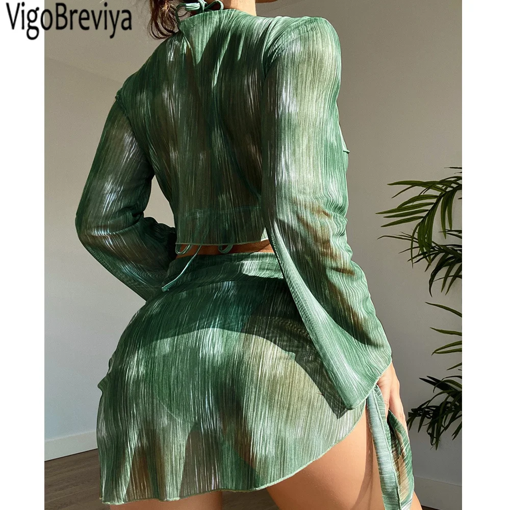 VigoBreviya Sexy Print Long SLeeve 4PCS Mesh Skirt Bikini Set Stroje kąpielowe damskie 2025 Halter Push UP Strój kąpielowy z wysokim stanem