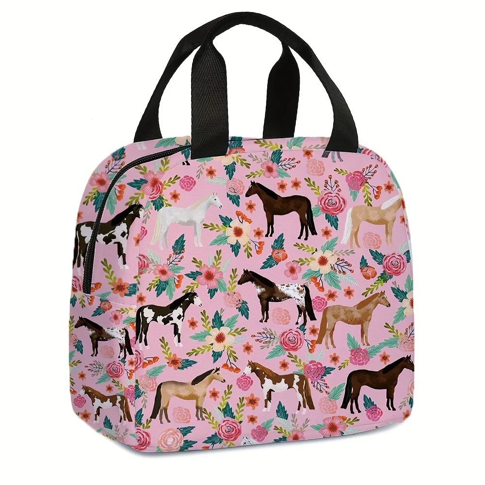 Horse Print 1pc 1pcs 1pc 1pcs Lunch Bag, Round Lunch Box Carrier, Suitable for Office, Camping, Picnic, Kitchen Storage