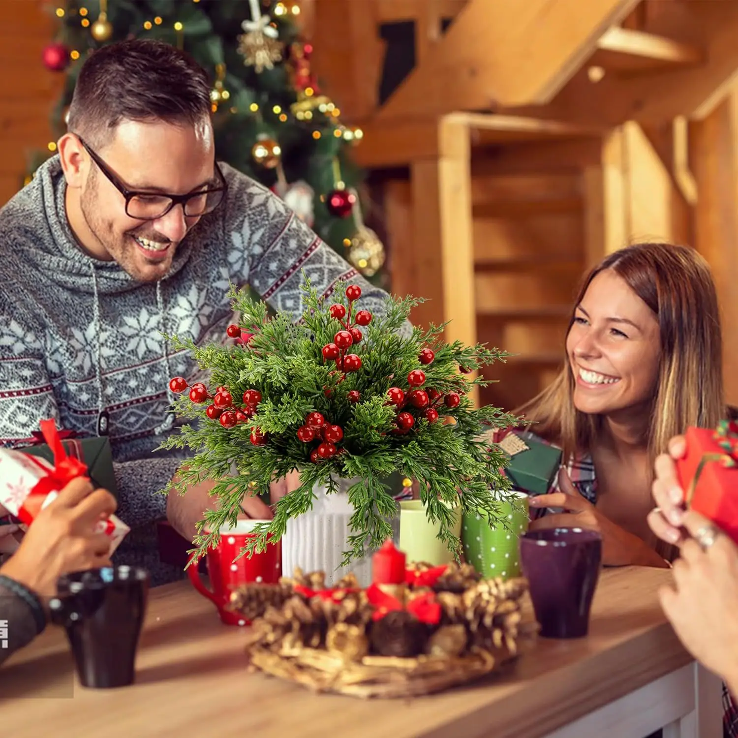 جديد بسيط محاكاة النباتات الخضراء عيد الميلاد الصنوبر وفروع السرو باقة الفاكهة الحمراء المنزل لتقوم بها بنفسك تشكيلة زهور الديكور