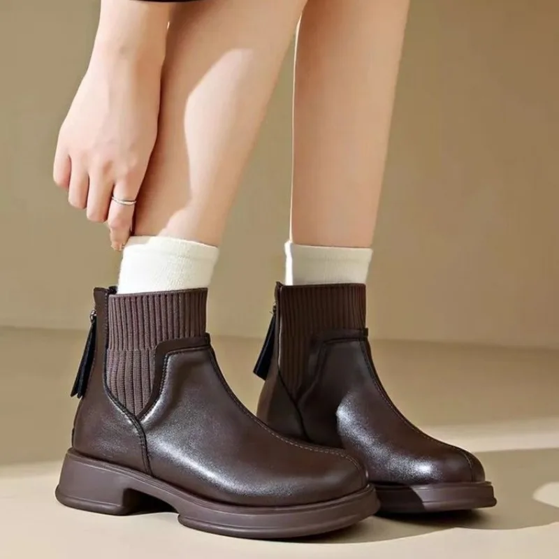 

Soft Leather Boots Women's Zipper Ort Boots Autumn Spring Faion Trend Slim Booties Waterproof Platform Korean Sle