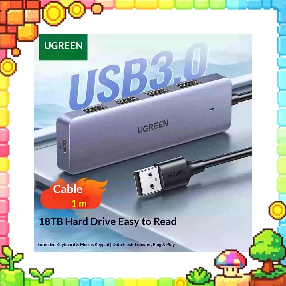 UGREEN15918 4 Port USB 3.0 Hub Powered USB Splitter with 1m Cable Type C Power Port Multiport Expander for Laptop PC Hard Drive.