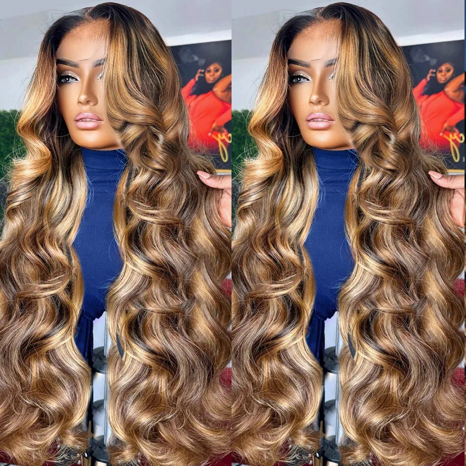 30 40 Inch 4/27 Highlight Colored Ombre Blonde Body Wave Wig Human Hair Brazilian 13x6 HD Transparent Lace Frontal Wig For Women