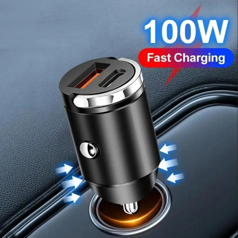 100W USB Car Charger Quick Charge QC3.0 Dual Port Cigarette Lighter PD QC Pull Ring Fast Charging For iPhone Xiaomi Mobile Phone