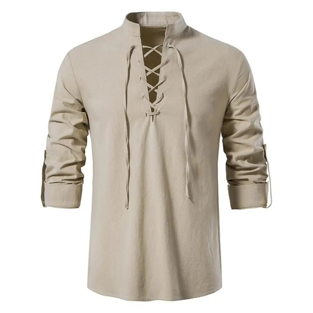Spring Men Shirt Lace-up Strap Stand Collar Solid Color Long Sleeves Retro Casual Beach Style Pullover Mid Length Male Daily Top