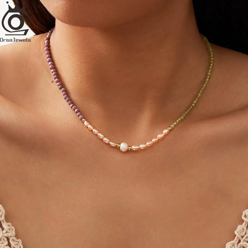 

ORSA JEWELS Fashion Peridot Purple Mica Natural Pearls Beads Necklace Women's Beaded Collar 14K Gold Plated Accessories MPN06