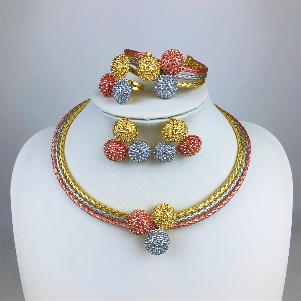 ESALE Afrian Jewelry Sets for Woman Wedding Ethiopian Gold Color Luxury Colorful Necklace Earrings Bride Jewellery Set