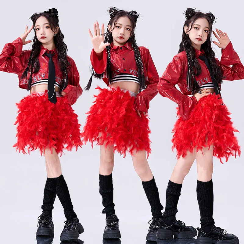 

Jazz Dance Clothes Street Dance Hip Hop For Girls Top Feather Skirt Suit Performance Music Festival Catwalk Outfits DQL9999