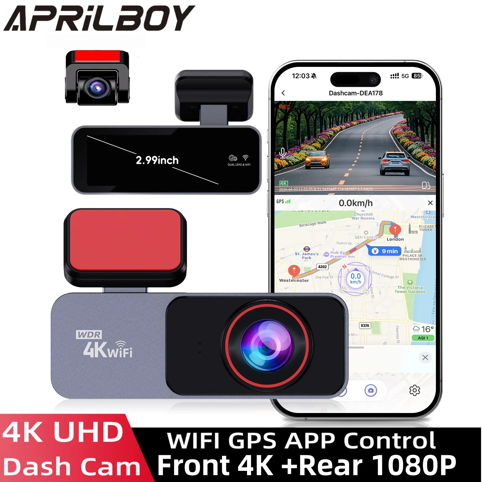 

Aprilboy 4K WiFi Dash Cam for Cars Front and Rear Dual Lens Auto Dashcam Time-lapse Video Support 24H Parking Monitor Black Box