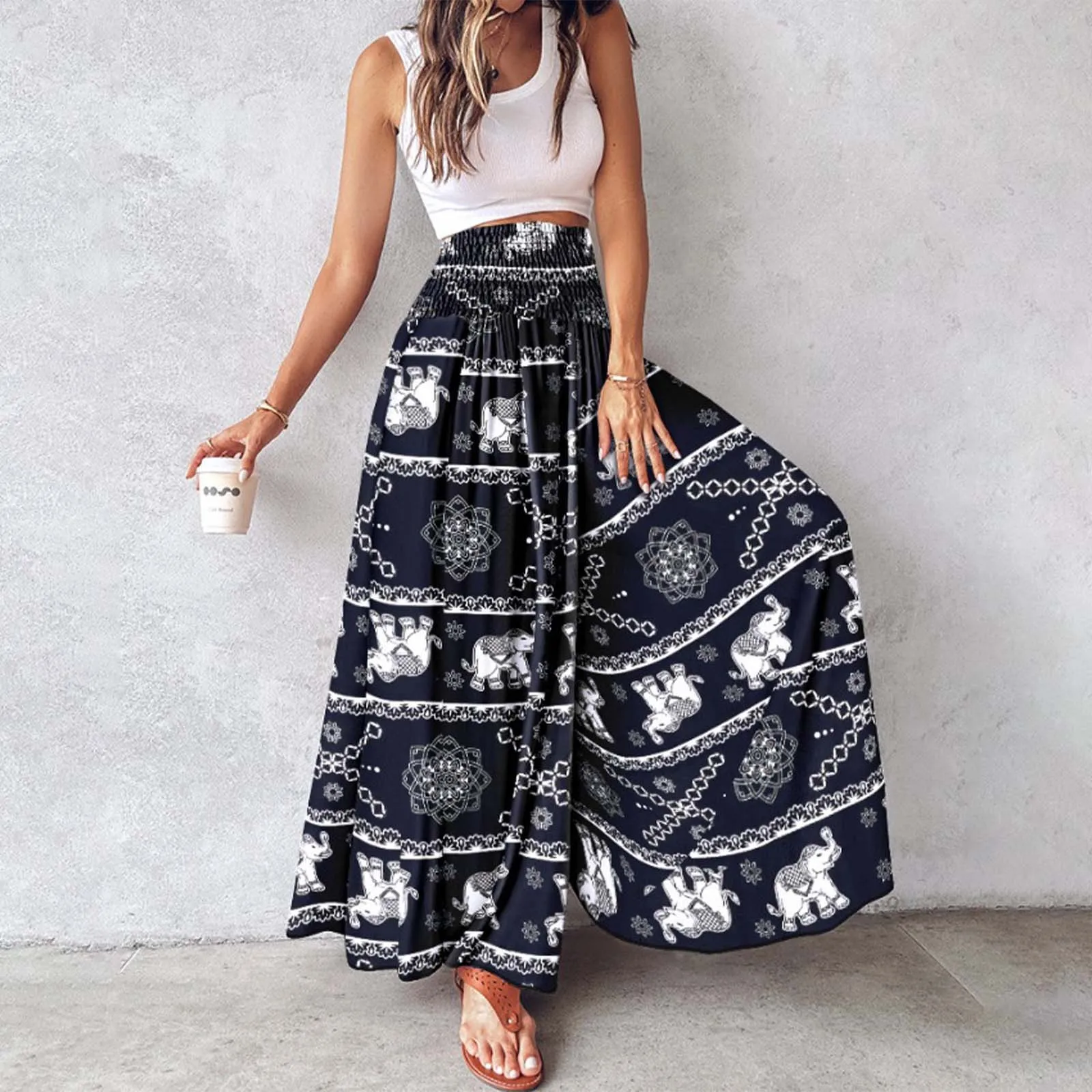 

Women's Vacation trousers 2024 Spring/summer Latest Casual Vintage Boho Tribal Floral Print High Waist Shirred Wide Leg pant