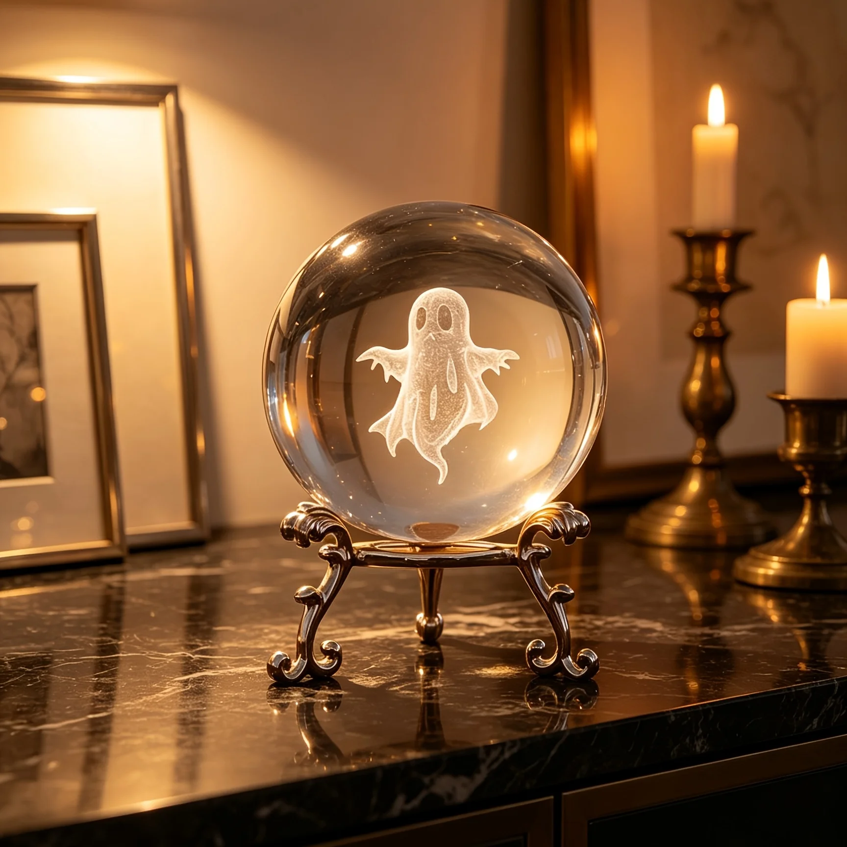 Boule de cristal gravée avec un motif fantôme, cadeau d'Halloween effrayant, petit ornement en cristal gravé avec base - Décoration de table gothique.