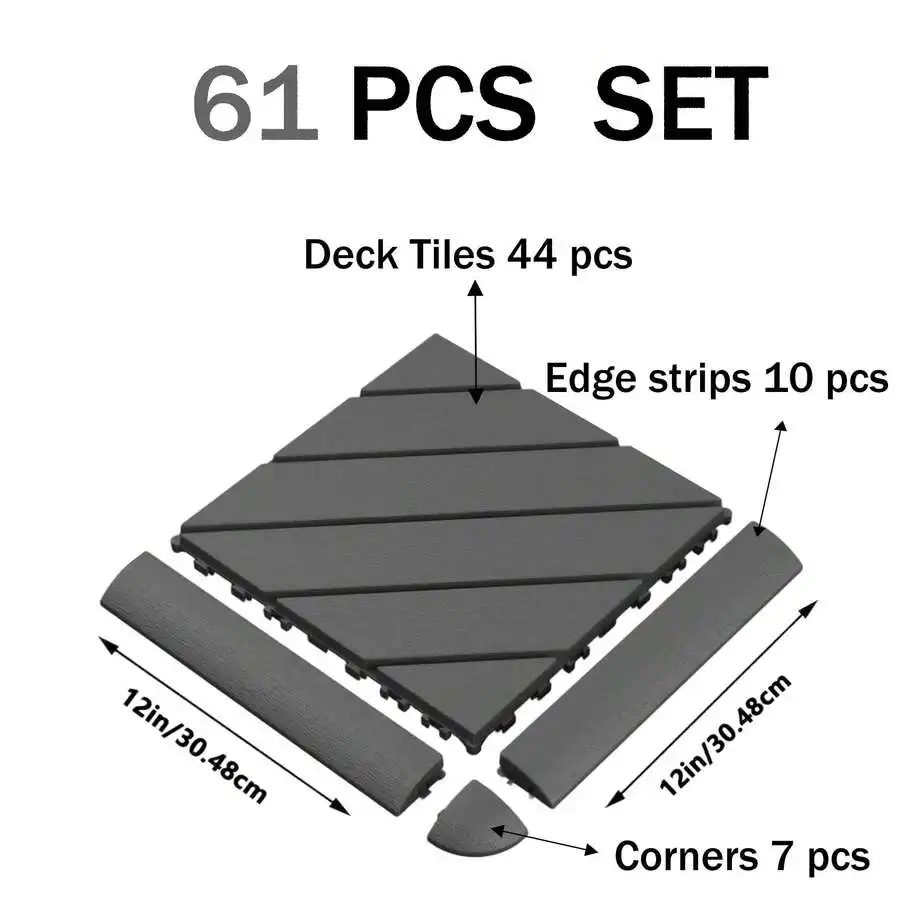 61 PCS 12' Interlocking Plastic Deck Tiles Complete Set, Waterproof Non-Slip Drainage Outdoor Flooring With 10 Edge Strips & 7 C