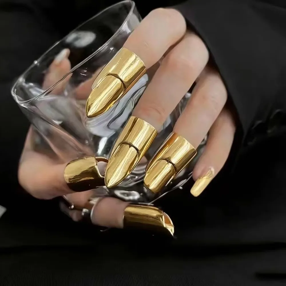 Fashion Metal Nail Cover Ring Gold or Silver Fingertip Cover Fake Nail Ring Pharaoh Hip Hop Armor Cover Party Jewelry