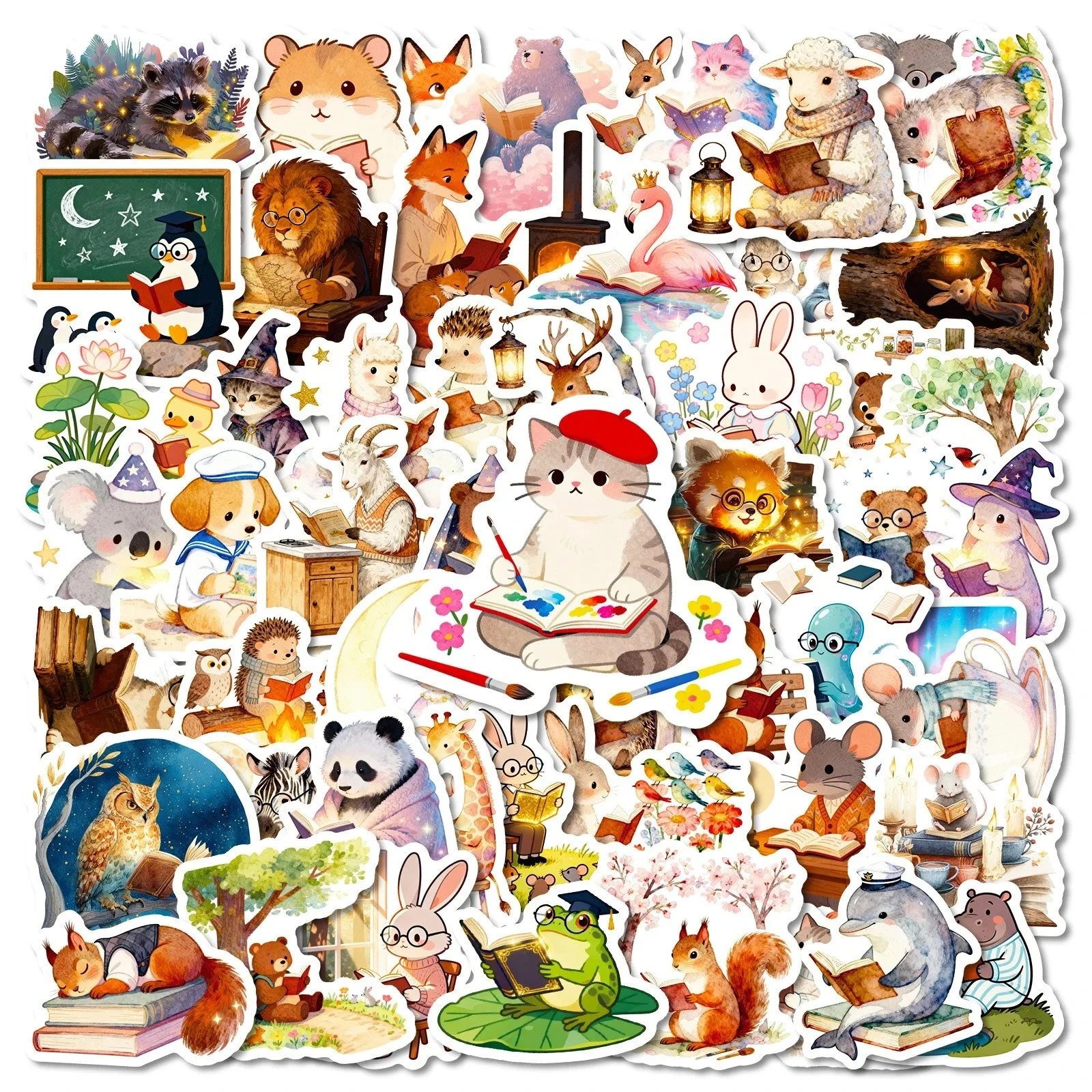 56Pcs Cute Funny Animal Reading Books Kindle Stickers Aesthetic Girls Decals Scrapbooking Notebook Laptop Phone Diary Sticker