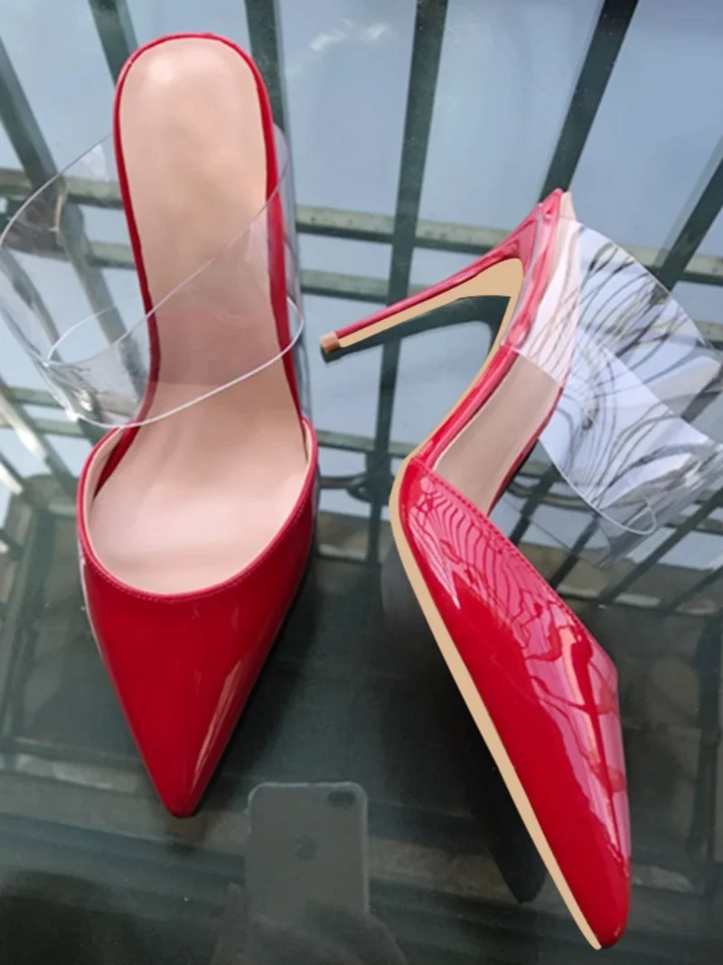 

2025 Spring New Women's Wrap Toe Red Slippers Pointed Toe Stiletto Transparent PVC Elegant Dress Ladies Large Size High Heels