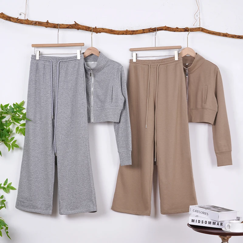 طقم مكون من قطعتين بلوزات نسائية قصيرة بسحاب كامل وأكمام طويلة وسراويل واسعة الساق عالية الخصر نحيفة كاجوال رياضية رمادية موضة الدعاوى #6