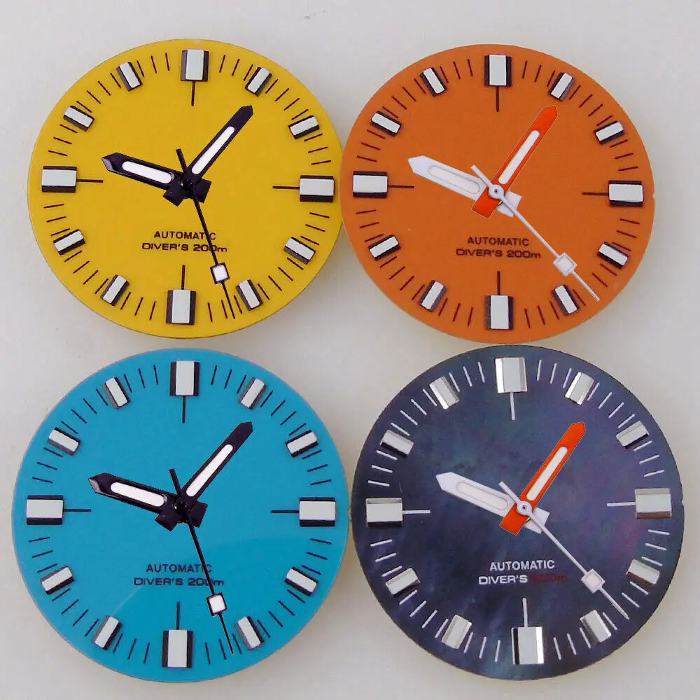 

28.5mm Orange Blue Yellow Black Shell Watch Dial Green Luminous For Japan NH36A NH35A Movement Repair Parts