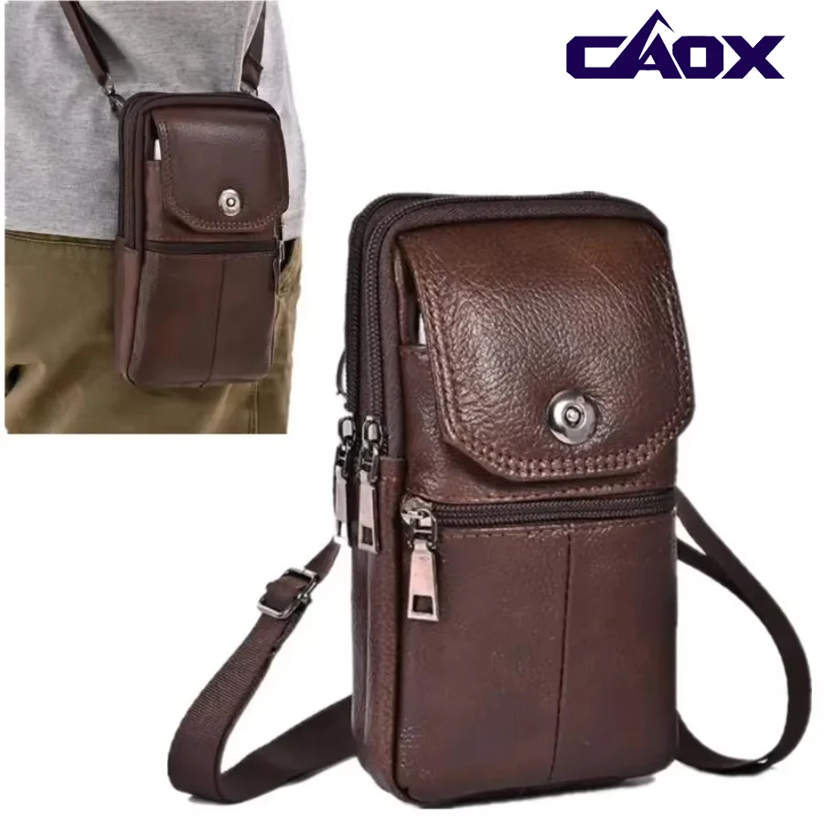 

CAOX Men's Messenger Bag Cowhide Leather Bag Mobile Phone Pouch Men Wallet Small Travel Waist Bag Male Multi-Pockets Chest Bag