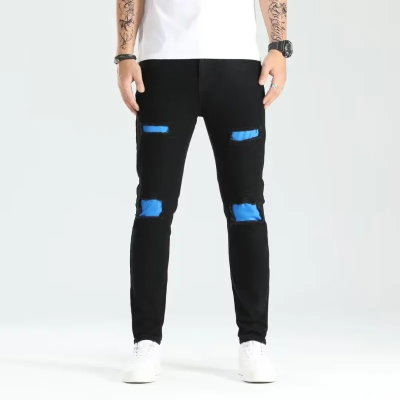 

Men Jeans Fashion Pencil Pant Solid Ripped Appliques Europe America Denim Streetwear Ankle-length Stonewashed Strech Black Jeans