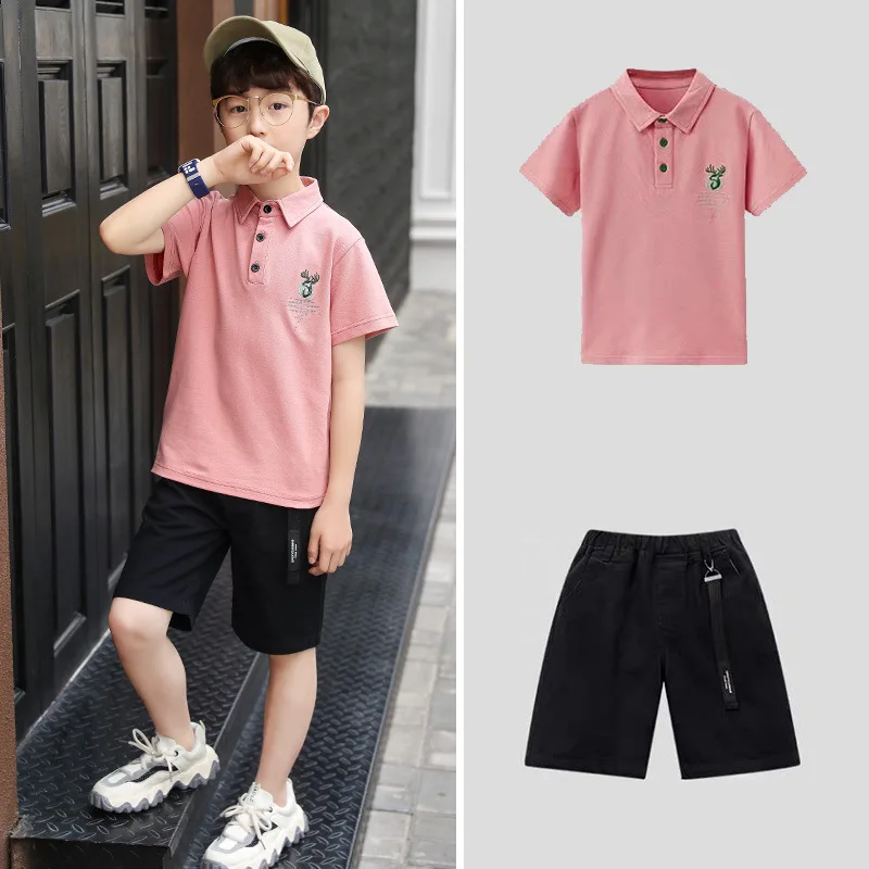 2pcs tracksuit 2023 Summer Child Clothes Baby teen Boys loose polo Deer T-Shirt & cargo Shorts pocket pants 6 8 10 12 14 years