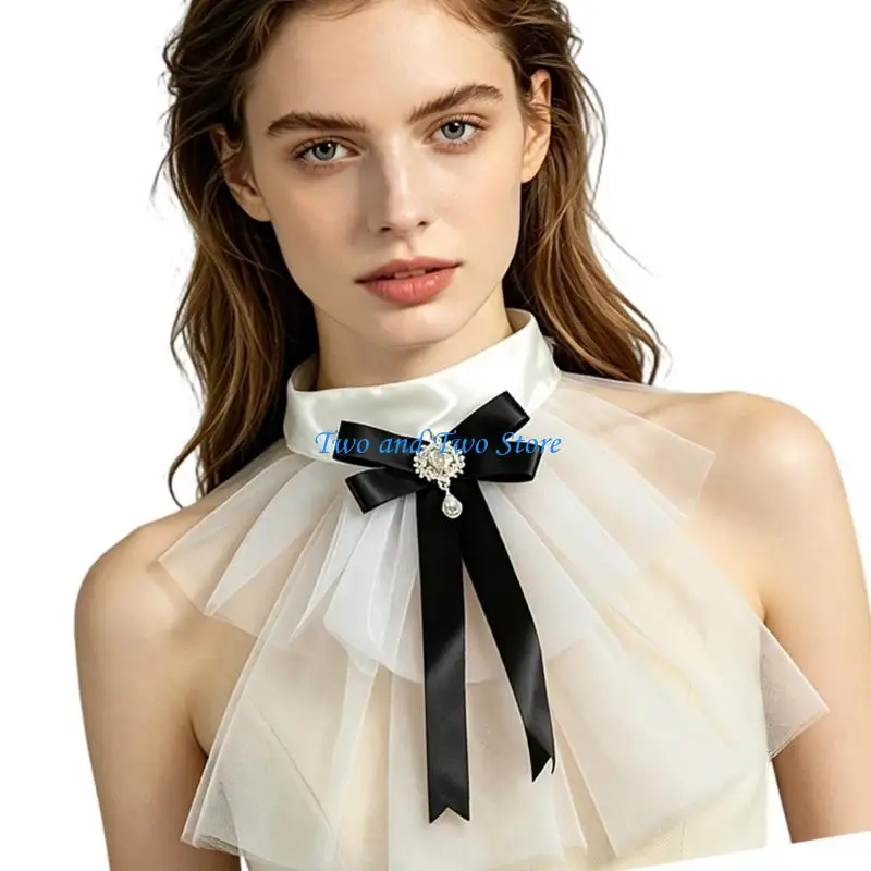 HX6F Fashion Sheer Faux Collar Layered Bowknot Collar for Women Outfit Decoration