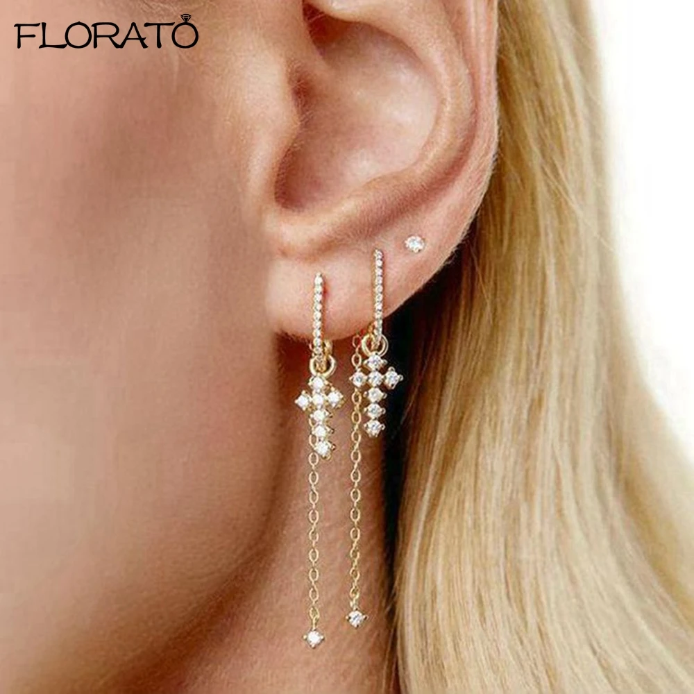 

925 Sterling Silver Needle Long Chain Tassel Drop Earrings for Women Shining Cross Zircon Dangle Earring Wedding Fine Jewelry