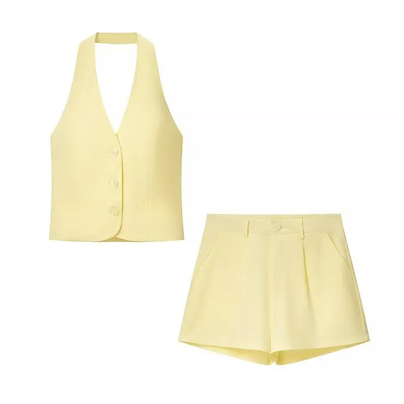 

Комплект шорт с высокой талией, женские комплекты из двух предметов, женский топ без рукавов на пуговицах, бермуды, шорты на молнии, комплекты из двух предметов, женская одежда