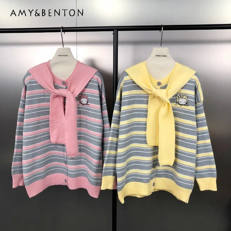 

Elegant Age-Reducing Coat Shawl Layered Cartoon Embroidery Striped Color-Block Loose Single-Breasted Knitted Cardigan For Women