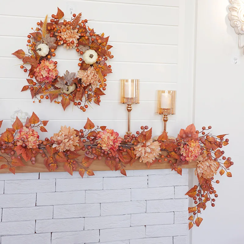 

Yannew Autumn Leaves Pumpkin Berry Garland Wreath with Artificial Hydrangea Flowers for Fall Home Mantel Thanksgiving Decoration