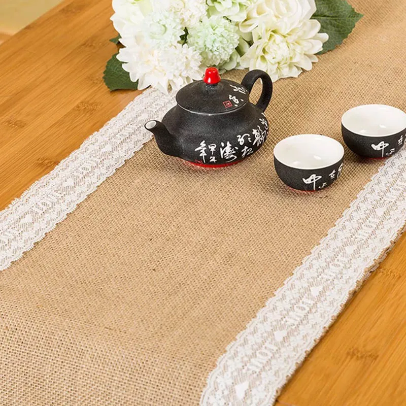 YOZA  Jute Table Runner Vintage Natural Burlap Lace  LOVE Table Cover for Wedding Birthday Party Restaurant Table Cover Mat