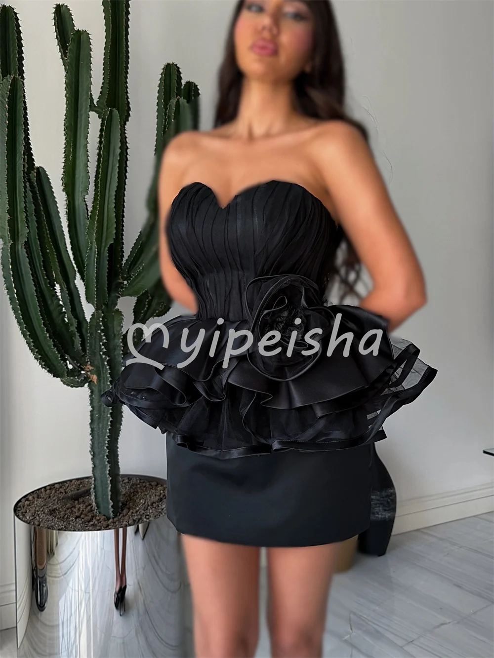Black Sexy Modern Style Charmeuse Handmade Flower Ruched Straight Strapless Short Dresses Cocktail party dress Customized