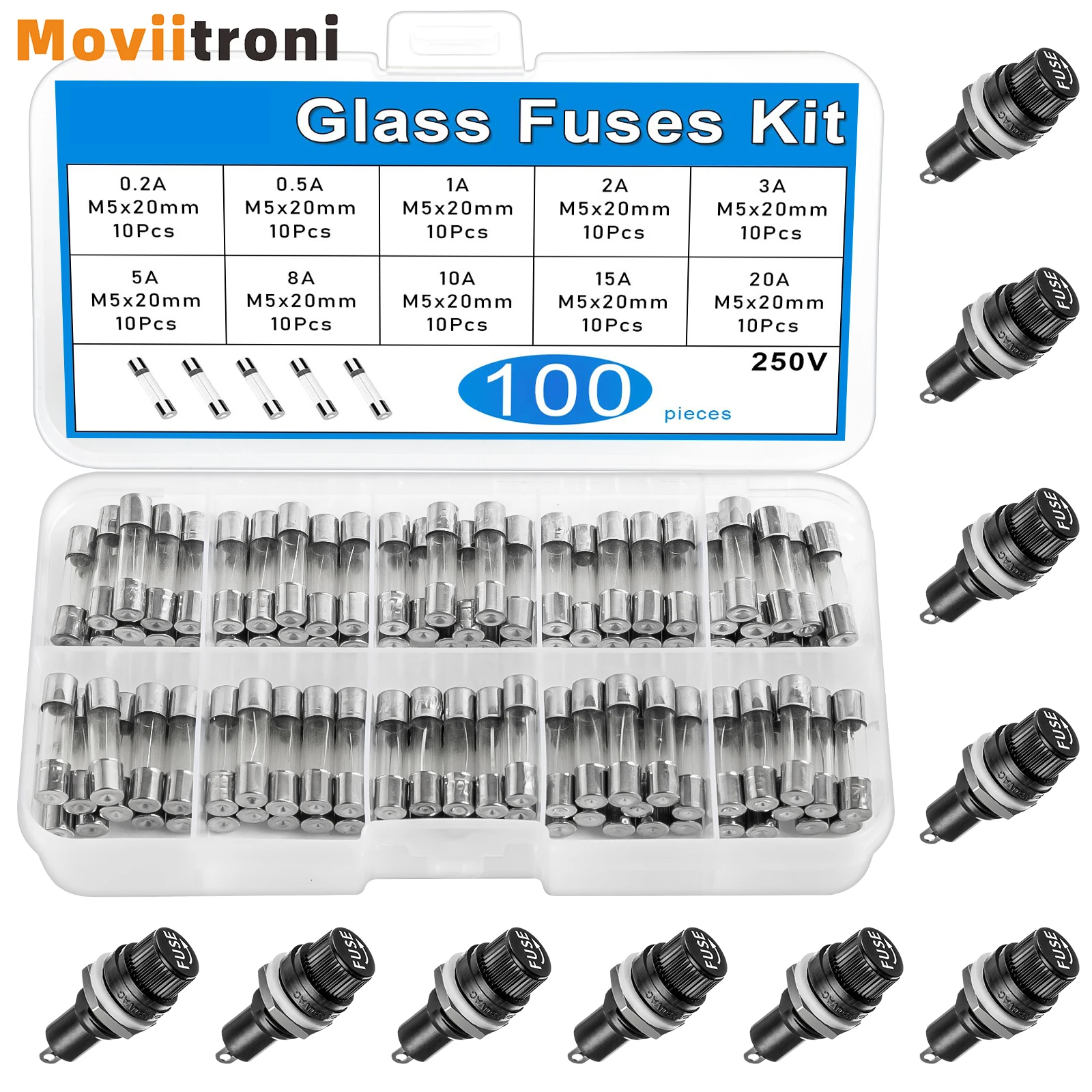 100pcs Fast-Blow Glass Fuses Assortment Kit + 10pcs Panel Mount Fuse Holder Screw Cap 5x20mm