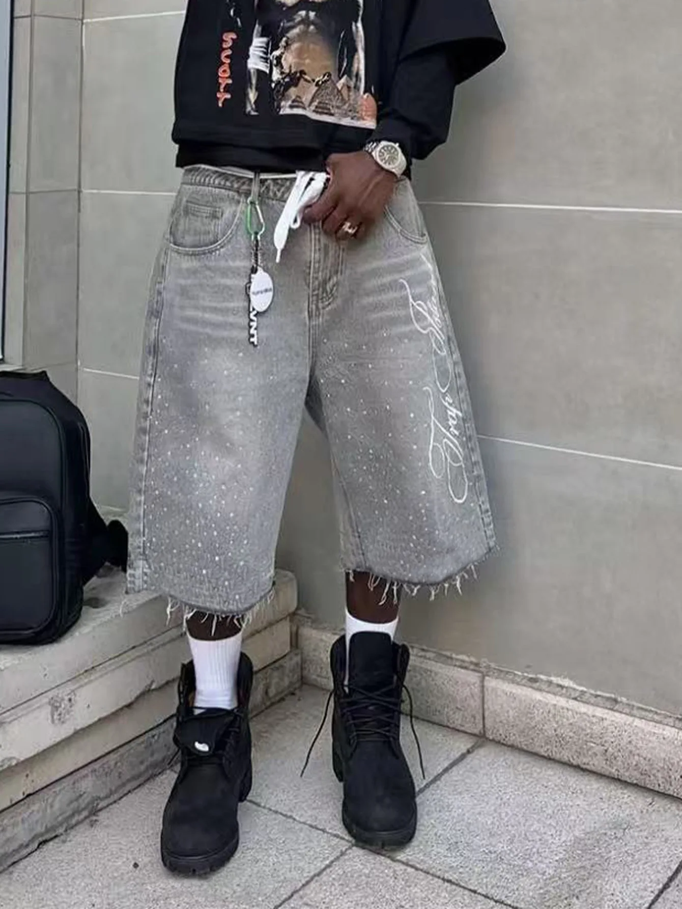 

Summer American Letters Embroidery Grey Baggy Short Jeans Men Frayed Hem Wide Leg Baggy Copped Pants For Male