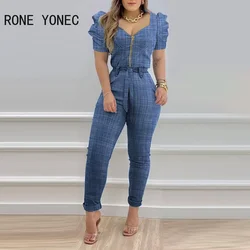 2023 Women Elegant Short Puff Sleeves with Belts Zipper Decor V-neck Working Jumpsuit