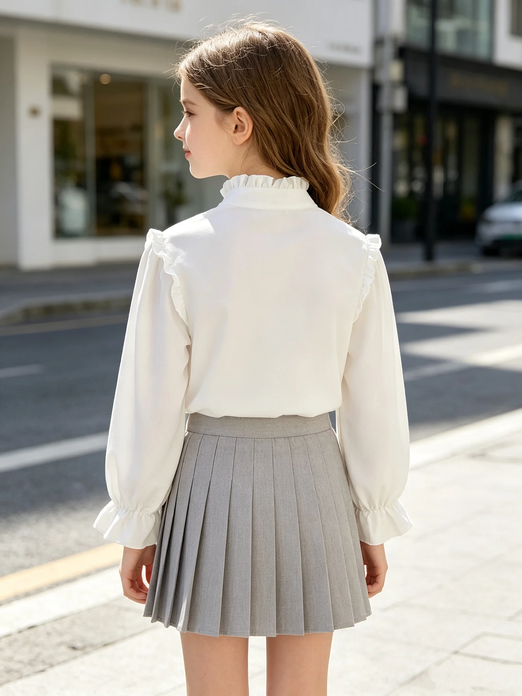 Spring And Autumn Girls' Ear Ear Edge Standing Collar Shirt Bow Tie Long Sleeve Top College Style Children's Clothing