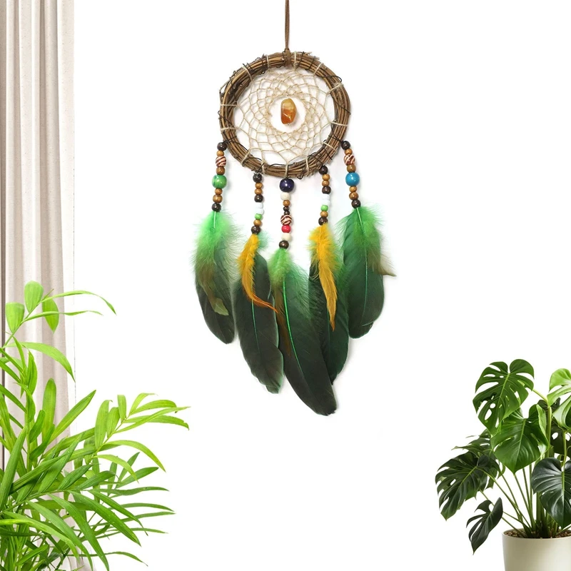 V‌intage Bohemian Rattan weaving Dream Catcher Feathers Wind Chimes Handmade Wall Hanging Ornaments Home Decor Girls Gifts
