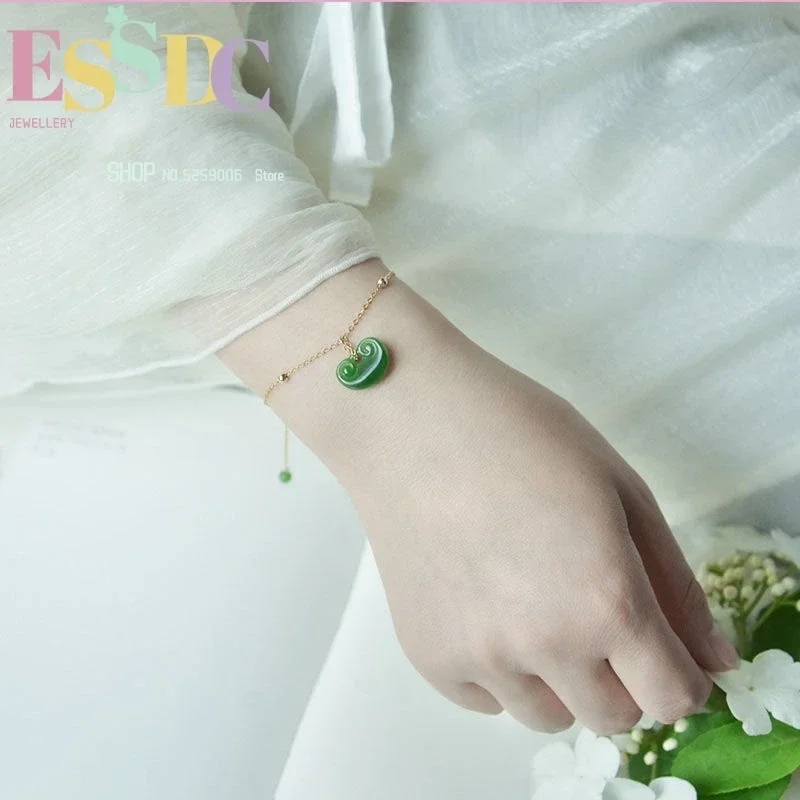 Natural Hetian Jade Bare Chain Barefoot Simple Fashion Stainless Steel Ladies Anklet Bracelet Ruyi Lock