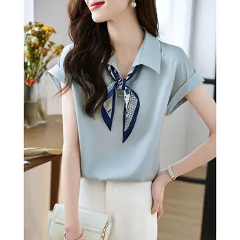 여성 2024 타이업 시폰 셔츠, 반팔, 어려 보이는 캐주얼 셔츠, 우아한 분위기, 여름 신상 