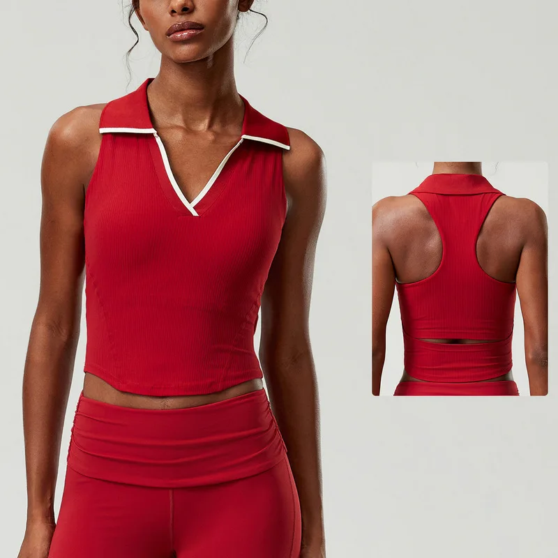 SharpStarWomen Shockproof Gym Top Stretchy Slim Fit Lapel Workout Vest Breathable Ribbed Yoga Vest Built-in Sponge Tennis Vest