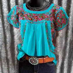 Women Ethnic Floral Printed T shirt Short Sleeve Retro Casual Summer Tee Tops Crew Neck Fashion American Retro Tops 2025