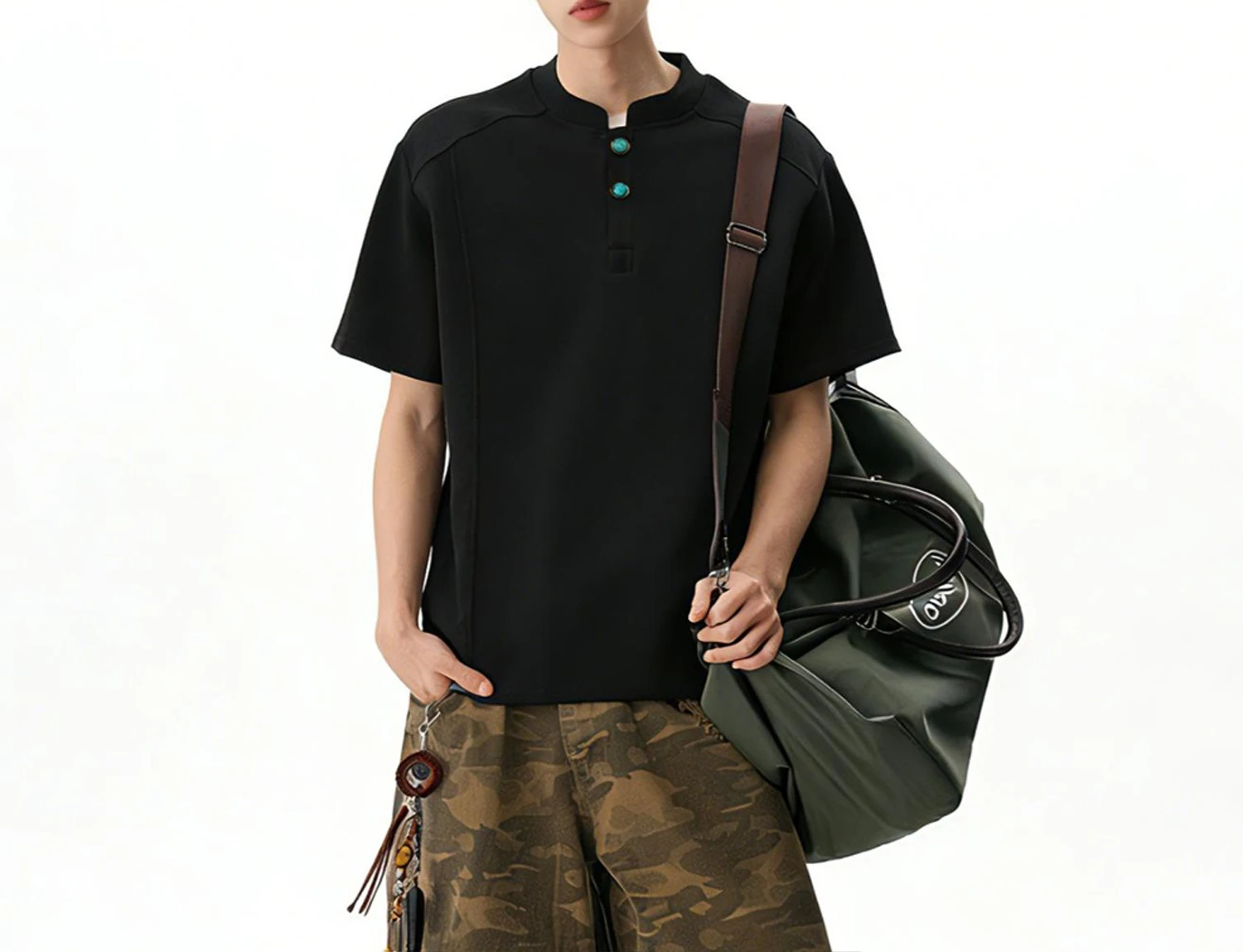 2026 Summer New Men's American Henley Collar T-shirt Right Shoulder Short-sleeved Top Polo Bottoming Shirt Men's Loose T-shirt