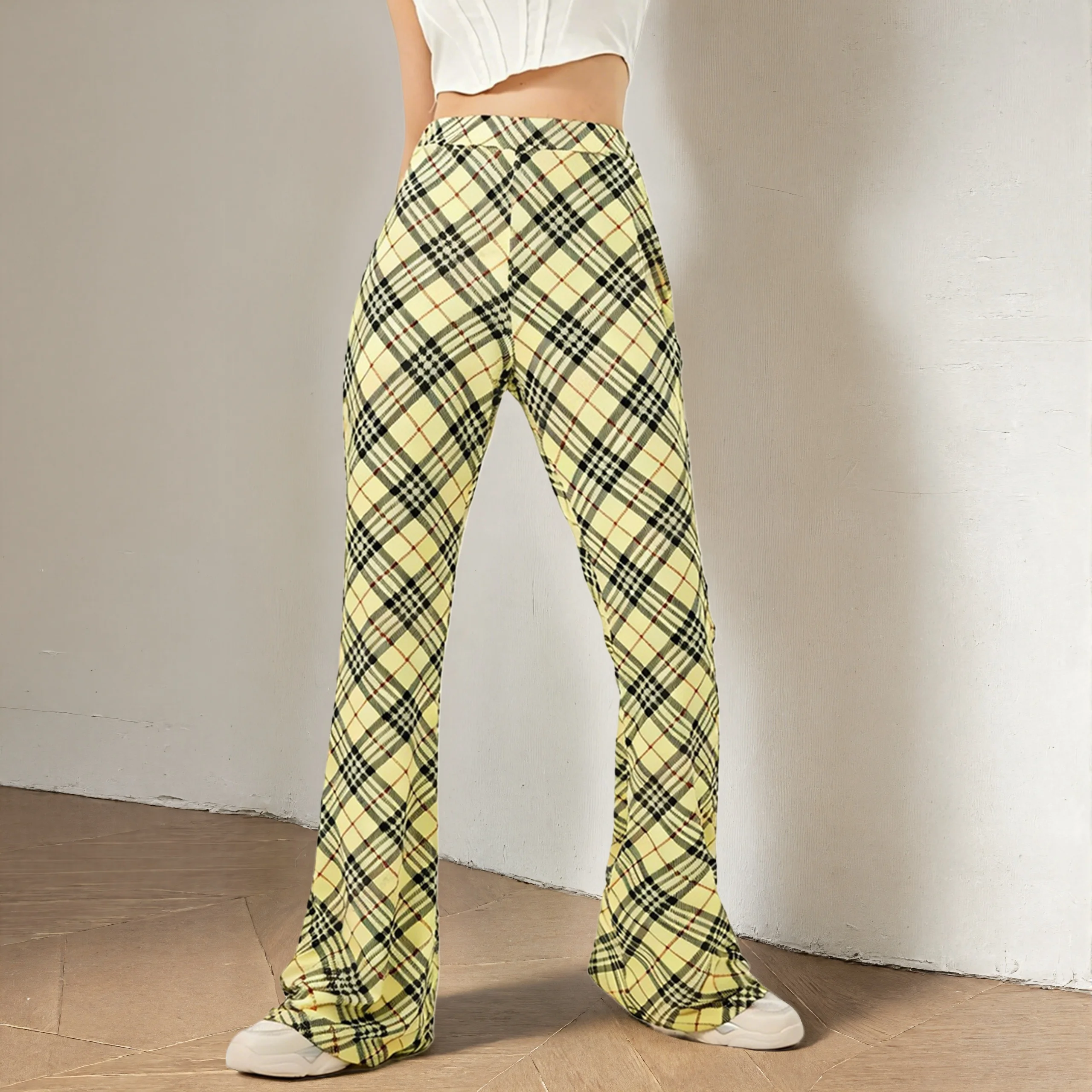 Women's High-Waisted Straight Leg Pants Summer Leisure Commuting Contrasting Plaid Slightly Flared Casual Trousers