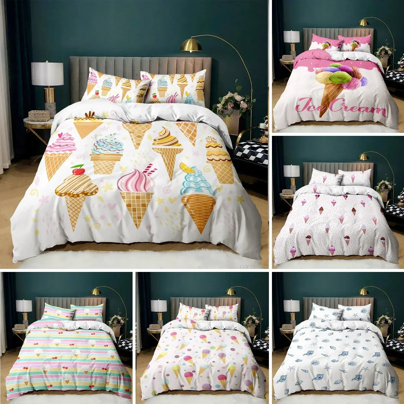 

Ice Cream Duvet Cover Set Colorful Ice Cream Sweet Style Bedding Set for Kids Girl Microfiber Summer Queen King Size Quilt Cover
