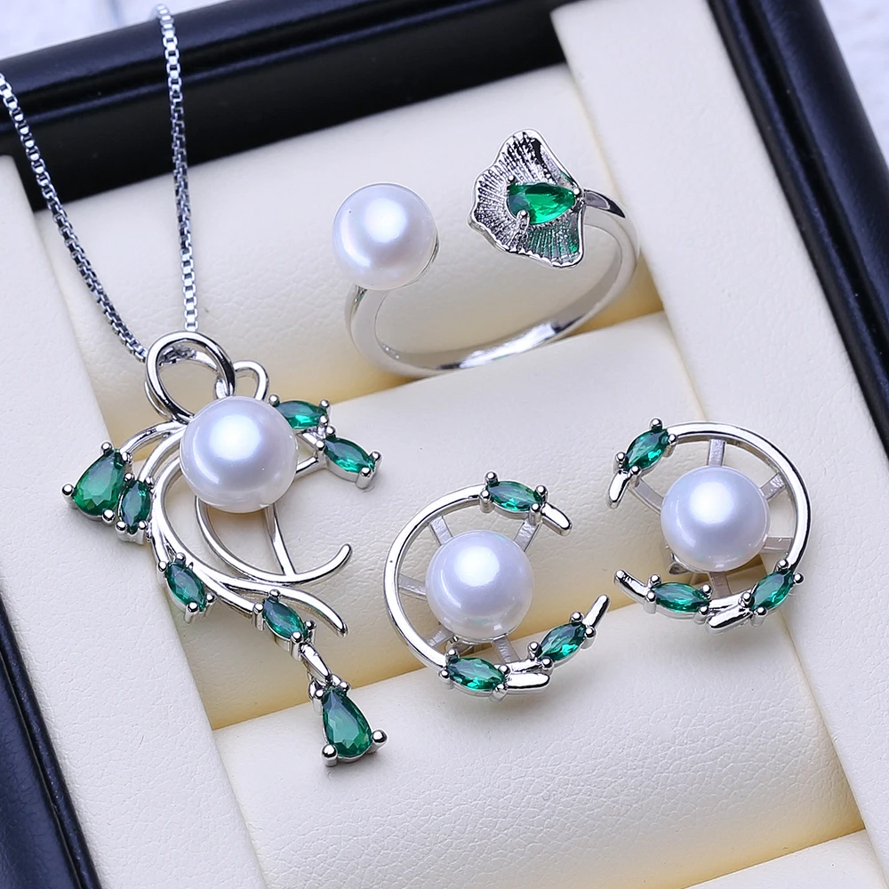 FENASY 925 Sterling Silver Freshwater Pearl Emerald Jewelry Sets Leaf Earrings Necklace Pendant Engagement Ring Sets For Women