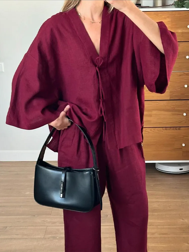 

2025 Women Casual Pant Set Pure Color Deep V Midi Sleeves Lace-up Coat Loose Floor-length Trousers Suit Commuting Leisurewear