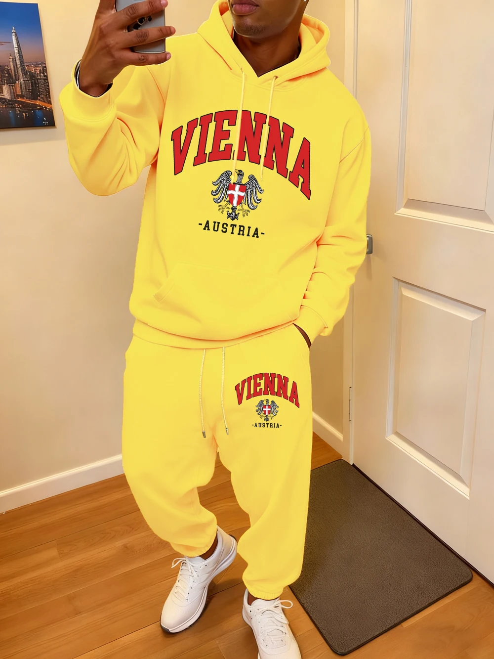 2 قطعة هوديس مجموعة الرجال فيينا النمسا رسالة المحلية المطبوعة Sweatpants الخريف جيب فضفاض الركض وتتسابق ملابس الصوف غير رسمية #1